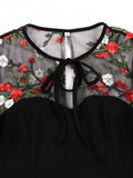 Short Sleeve Contrast Mesh Elegant Women Floral Embroidery Swing Dress Tie Neck Pocket Side Summer Vintage Clothes