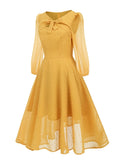 Ginger Tie Neck Hollow Out Front Swiss Dot Chiffon Elegant Midi Dresses Women Bishop Sleeve Vintage A-Line Autumn Dress