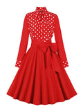 Bow Neck Button Up Polka Dot Red Elegant Dress Autumn Winter Clothes Women Long Sleeve Belted Pinup Vintage Dresses