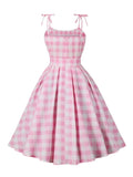 Knot Strap Pink and White Plaid Women Dress Summer Elegant Evening Pinup Vintage Party Pleated Dresses