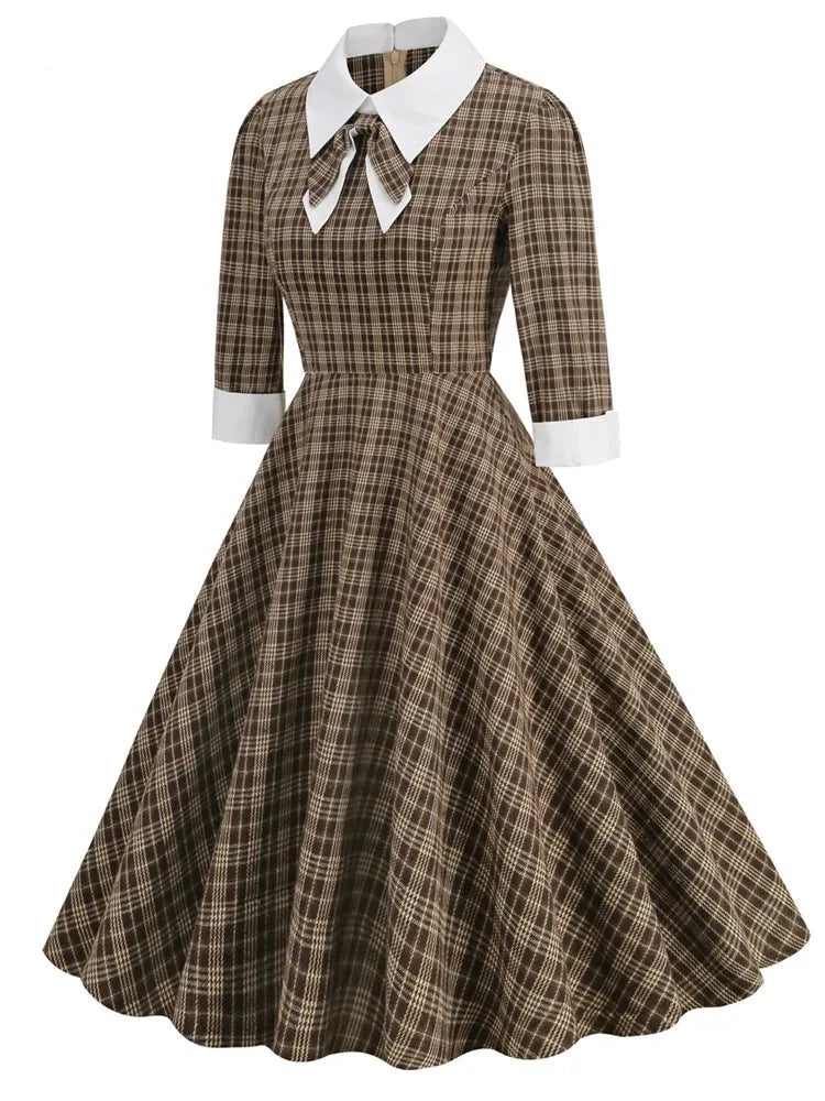 50s Hepburn Retro Vintage Casual Flare Dress with Bow Durn Down Collar Plaid Print Shirt 3/4 Long Sleeve Runway Midi Party Dress