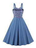 Sweetheart Neck Multicolor Floral Vintage Dress Women Spaghetti Strap Shirred Back Fit and Flare Summer Party Dresses