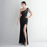 Sexy Slit Black Sequin Women One Shoulder Beading Long Evening Dress Party Maxi Dress
