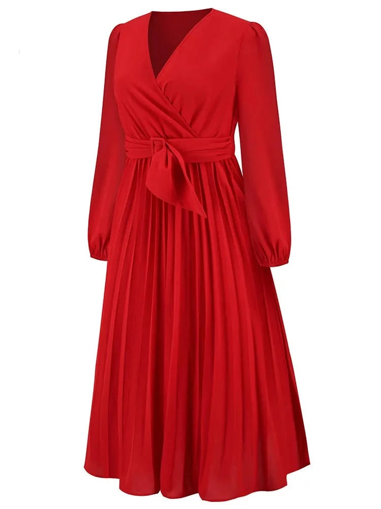 Solid Long Pleated Women Casual Dress with Belt V Neck Loose Vintage Party Maxi Dress Elegant Casual Vintage Birthday Dress