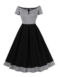 Gingham and Black Patchwork Elegant Cotton Long Dresses for Women Sexy Off Shoulder Evening Party Vintage Pleated Dress
