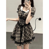Elegant Vintage Plaid Even Party Y2k Short Sleeve Mini Office Lady Kawaii Korean Dress