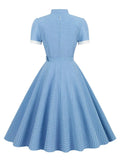 Lavender Contrast Collar and Cuff Plaid Rockabilly Vintage Style High Waist Women Summer Elegant Formal Swing Dresses