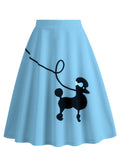 Vintage Style Dog Print Knee Length Cute Skirts for Women Zipper Side Summer Polyester Swing Skirt