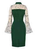 Floral Embroidered Mesh Flare Sleeve Green Bodycon Wiggle Dress Elegant Outfits for Women Keyhole Front Vintage Dresses