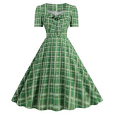 Pink Plaid Party Dresses Women Elegant Vintage Square Collar Short Sleeve Casual Summer Dress