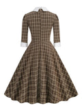 Brown Plaid Rockabilly Vintage Midi Dresses Turn-Down Collar Bow 3/4 Length Sleeve Autumn Winter Women Elegant Dress