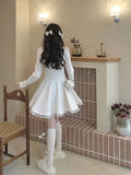 Long Sleeve Autumn Women Lace Bow Design Korean Style Slim Sweet Solid Tender Basic All-match Dress