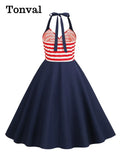 Halter Neck Striped High Waist Vintage Women Evening Party Dresses Slant Pocket Backless Summer Swing Dress