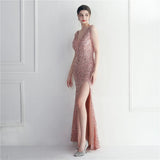 Women Beading Deep V Neck Velour Sequin Evening Dress Sexy Party Maxi Long Prom Dress