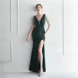 Women Beading Deep V Neck Velour Sequin Evening Dress Sexy Party Maxi Long Prom Dress