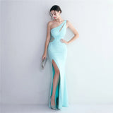 Sexy Slit Women One Shoulder Soft Satin Pleat Beading Long Evening Dress Party Maxi Dress