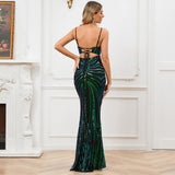 Sexy Backless Green Sequin Evening Dress Strap Party Maxi Dress Long Prom Dress