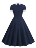 Turn Down Collar Bow Front Navy Blue Summer Dresses for Women Formal Occasion Vintage Style Elegant Dress