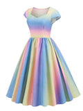 Sweetheart Neck Multicolor Print Cap Sleeve Pleated Long Dress Women Festival Clothing Vintage Robe Party Dresses