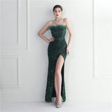 Off Shoulder Feather Long Sexy Slit Sequin Dress Floor Length Green Color Evening Party Maxi Celebrity Dress
