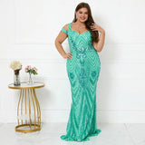 Plus Size Women Elegant Strap Party Maxi Dress Blue Sequin Evening Dress Long Prom Dress