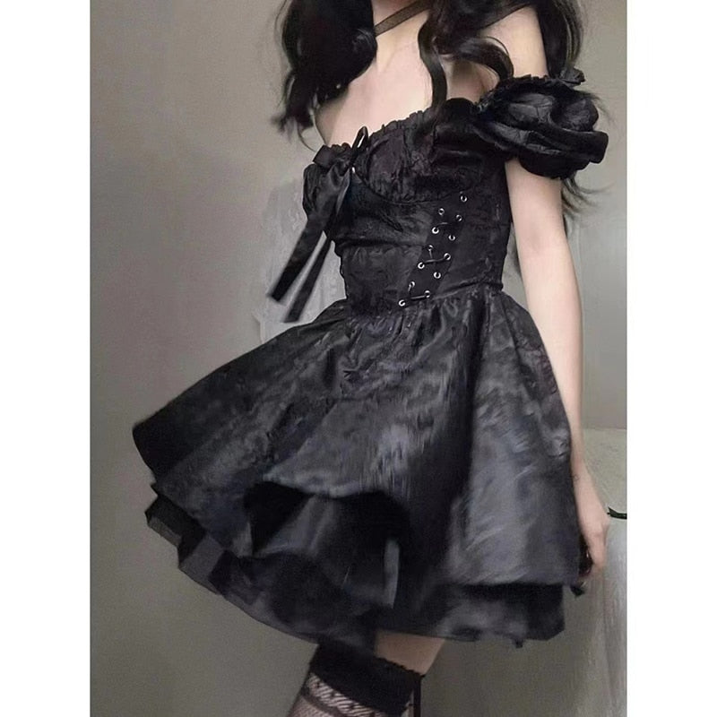 Gothic Black Mini Women Vintage Sexy Spaghetti Strap High Waist 90s Egirl Punk Grunge Slim Party Club Dress