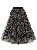 Floral Print Mesh Vintage Midi Skirts for Woman Elastic Waist Elegant Black Pleated A-Line Casual Long Skirt