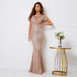 Elegant Long Gold Sequin Dress V Neck Party Maxi Dress Women Prom Evening Dress