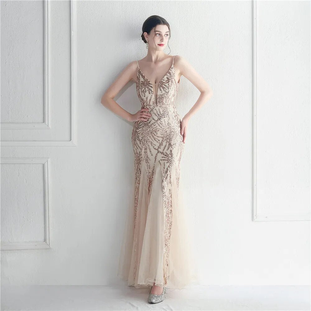 Women Gold Sequin Strap Beading Party Maxi Dress Sexy V Neck Evening Dress Long Prom Dress