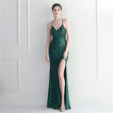Green Sequin Backless Sexy Slit Long Party Evening Dresses V Neck Stretch Cocktail Prom Dress