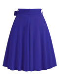 Belted A Line Vintage Style Solid Skirt for Women Summer Pockets Side Elegant Knee-Length Swing Skirts
