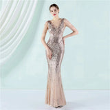 Women White Beading Long Prom Dress Deep V Neck Sequin Evening Sexy Party Maxi Dress