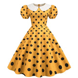 Elegant Women Summer Dress Puff Short Sleeve Polka Dot Peter pan Collar Vintage A-line Midi Long Party Sundress