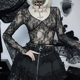 Y2k Style Fairycore See Through Lace Shirts V Neck Flared Long Sleeve Crop Tops