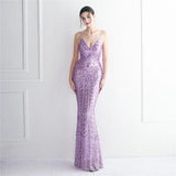 Women Pink Sequin Strap Party Maxi Dress Sexy V Neck Evening Dress Long Prom Dress