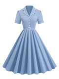 Notched Collar Pockets Front Formal Blue Solid Long Dresses for Women Summer Button Up Elegant Vintage Swing Dress