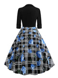 Plaid and Floral Print Patchwork Vintage Cotton Dresses Women Square Neck Rockabilly Pinup Long Dress