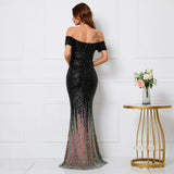 Women Elegant Boat Neck Party Maxi Dress Off Shoulder Black Sequin Evening Dress Long Prom Dress