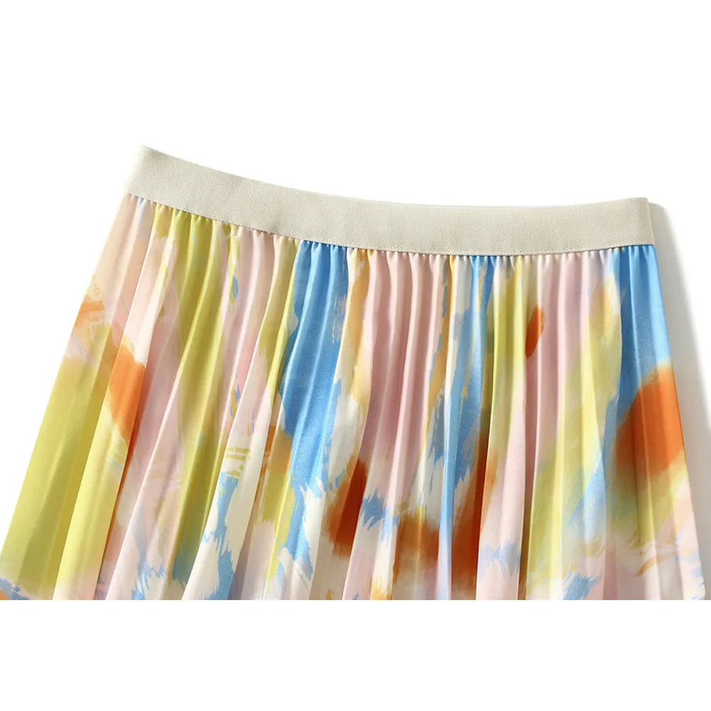 Multicoloured Print Pleated Skirt Women's Summer High-waisted Elastic A-line Midi Long Skirts