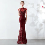 Burgundy Sequin Evening Dress Elegant Beading Long Party Dress