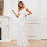 Elegant One Shoulder White Long Sequin Evening Dress New Women Party Wedding Wear Dress