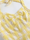 Vacation Women Summer Dress Sexy Backless Party Halter Neck Yellow Plaid 50s Vintage High Waist Ladies Swing Dresses