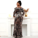 Plus Size Women Long Sleeve Black Gold Sequin Evening Dress Elegant Boat Neck Party Maxi Dress Long Prom Dress