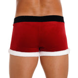 Mens Christmas Costume Boxer Shorts Low Rise Flannel Trimming Velvet Bottoms Pants with Fluffy Santa Claus Doll Cosplay Outfit