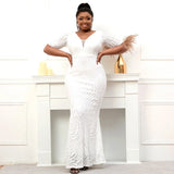 Plus Size White Sequin Dress V Neck Evening Dress Half Sleeve Formal Party Maxi Dress Long Prom Dress