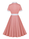 Vintage Style Pink Dress with White Collar 95% Cotton Button Up Retro Party 40s 50s Ladies Elegant Pleated Dresses