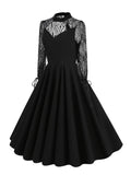 Hollow Out Front Elegant Evening Festival Black Dresses for Women Lace Long Sleeve Ladies Vintage Sexy Swing Dress