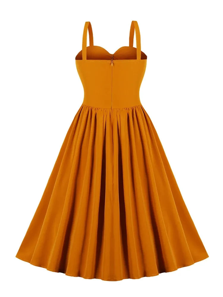 Ginger Knot Front Summer Vintage Pleated Dress Women Spaghetti Strap V – jetechband
