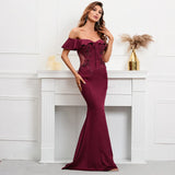 Soft Satin See Through Appliques Beading Long Evening Elegant Off Shoulder Party Maxi Prom Dress