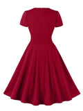 V-Neck Keyhole High Waist Solid 40s 50s Swing Dresses for Women Short Sleeve Cocktail Elegant Prom Party Vintage Dress
